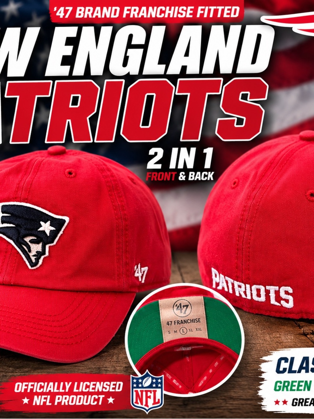 '47 Brand New England Patriots Red Baseball Cap with Navy Logo